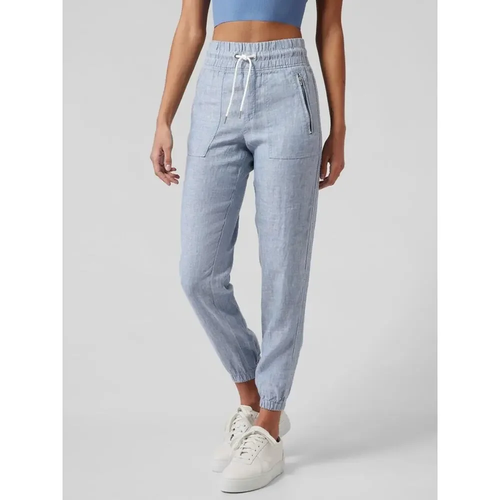 Athleta Cabo Linen High Waisted Jogger Pants Blue Chambray‎ Size 2